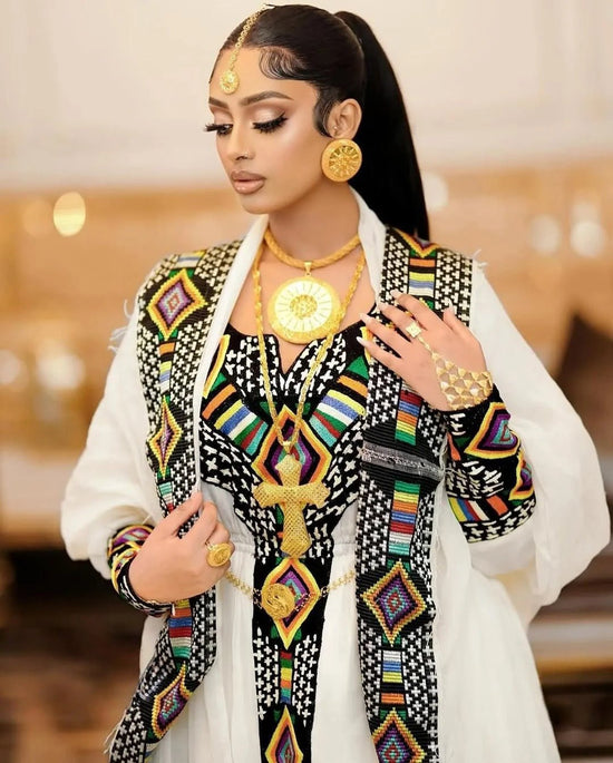 Modern Ethiopian Kemis with colorful Tilet – Contemporary Habesha Dress for Graduations