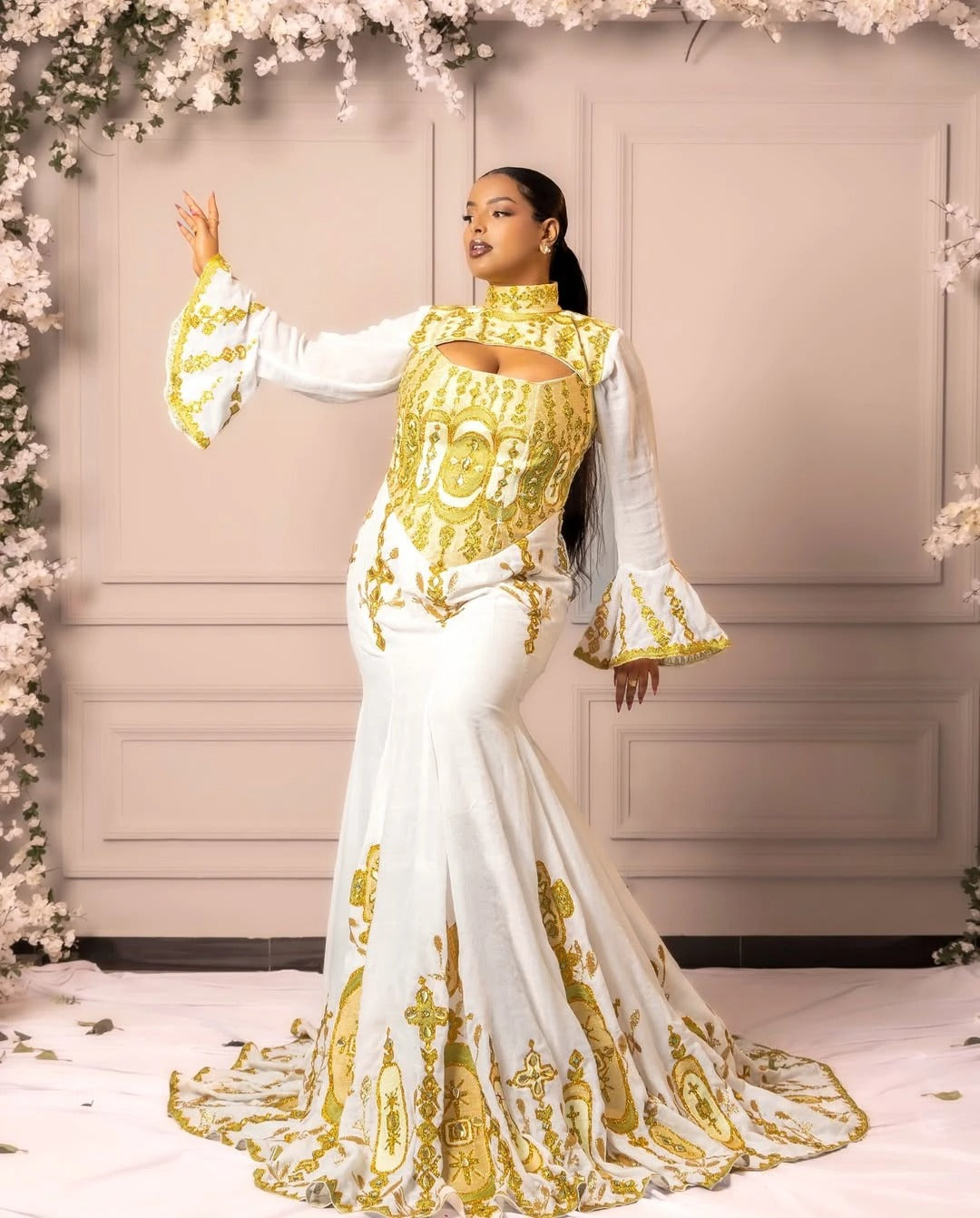 Beautiful Golden Ethiopian Habesha Dress Modern Mermaid Design Special Events