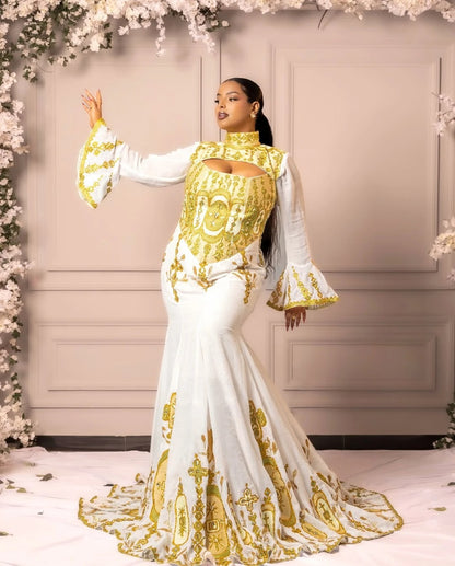 Beautiful Golden Ethiopian Habesha Dress Modern Mermaid Design Special Events