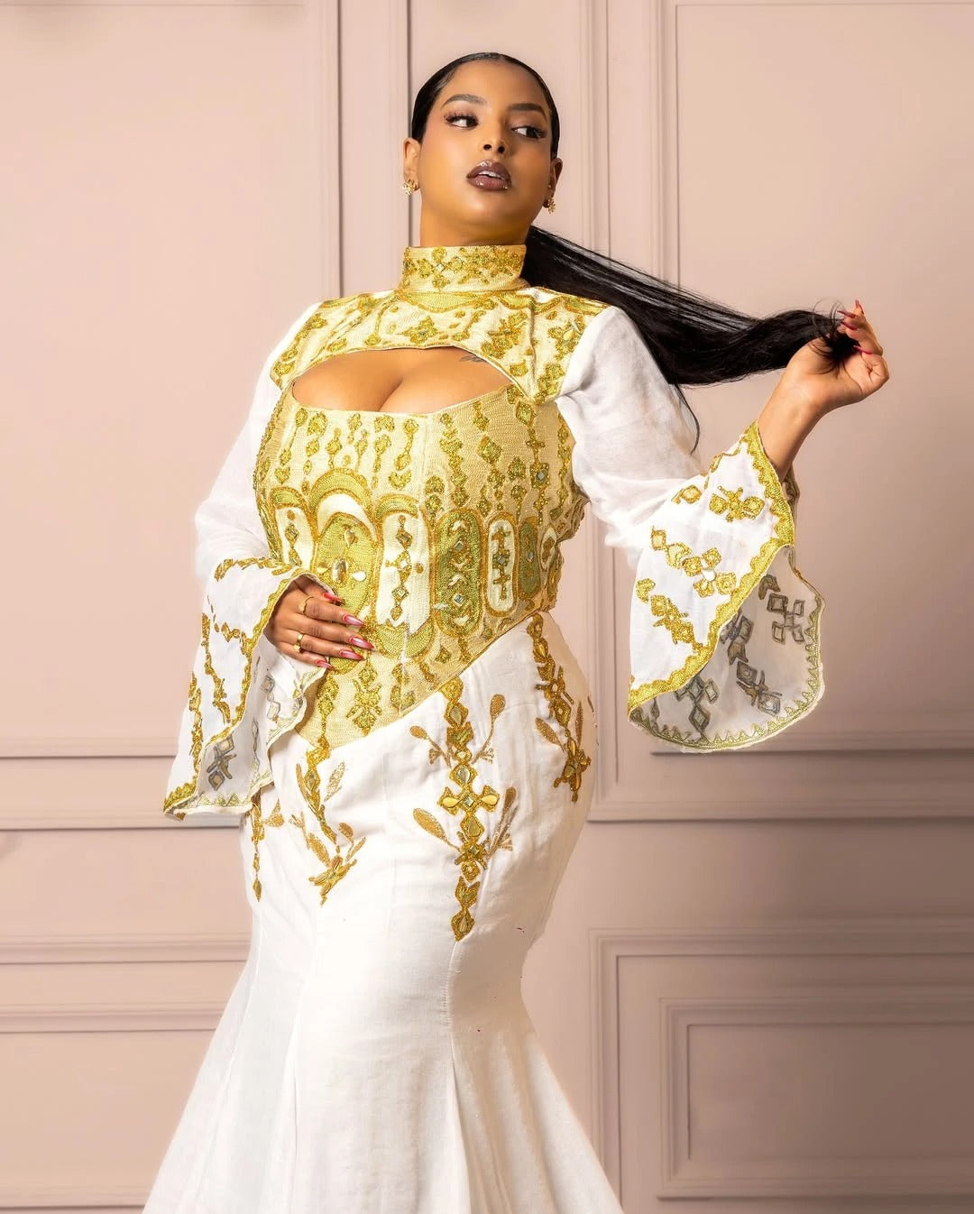 Beautiful Golden Ethiopian Habesha Dress Modern Mermaid Design Special Events