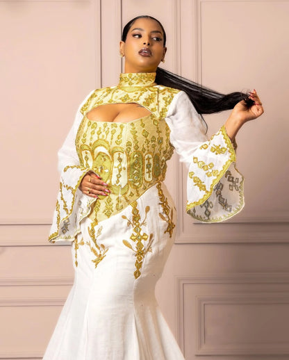 Beautiful Golden Ethiopian Habesha Dress Modern Mermaid Design Special Events