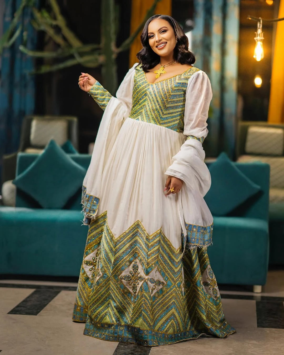 Luxurious Green and Golden Ethiopian Dress Contemporary Traditional Habesha Dress Eritrean Cloth