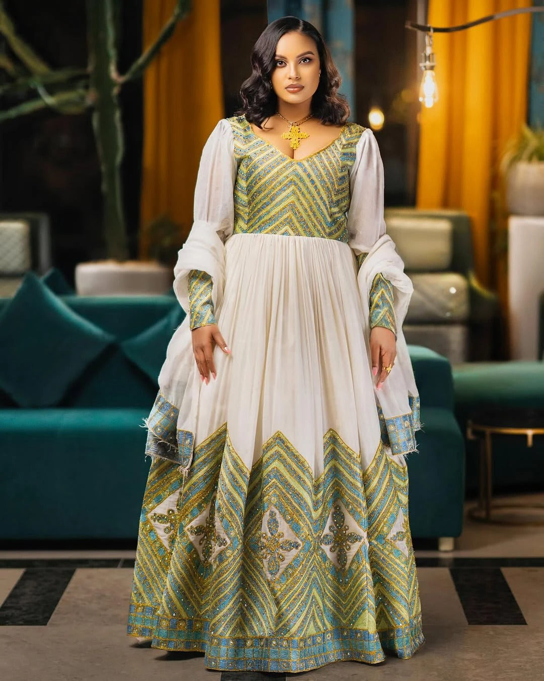 Luxurious Green and Golden Ethiopian Dress Contemporary Traditional Habesha Dress Eritrean Cloth