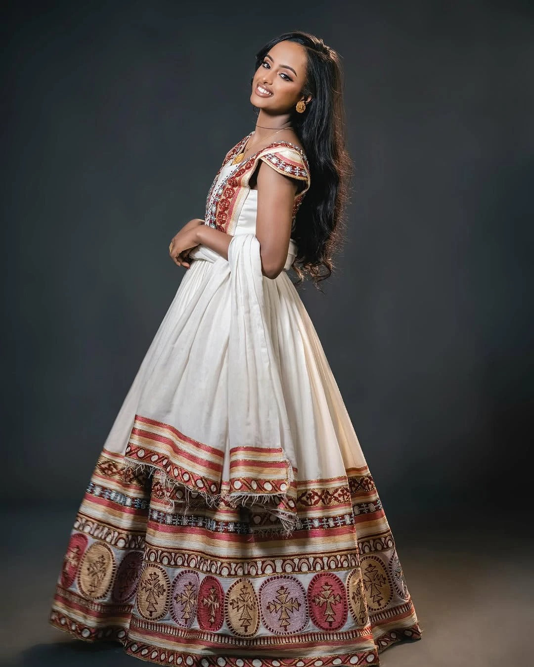 Multicolor Habesha Wedding Dress  Stylish Short Sleeve Bridal Attire