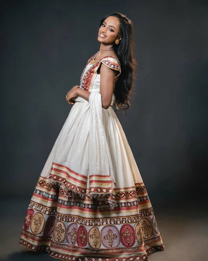 Multicolor Habesha Wedding Dress  Stylish Short Sleeve Bridal Attire