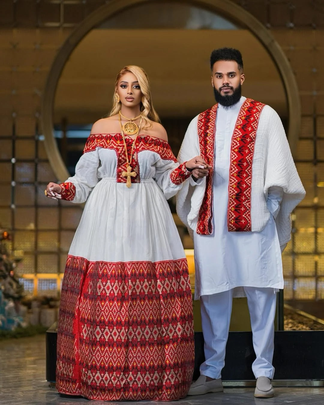 Red Habesha Couples Wedding Attire Intricate Handcrafted Design