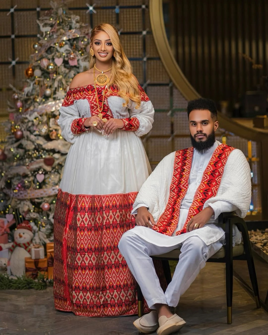 Red Habesha Couples Wedding Attire Intricate Handcrafted Design