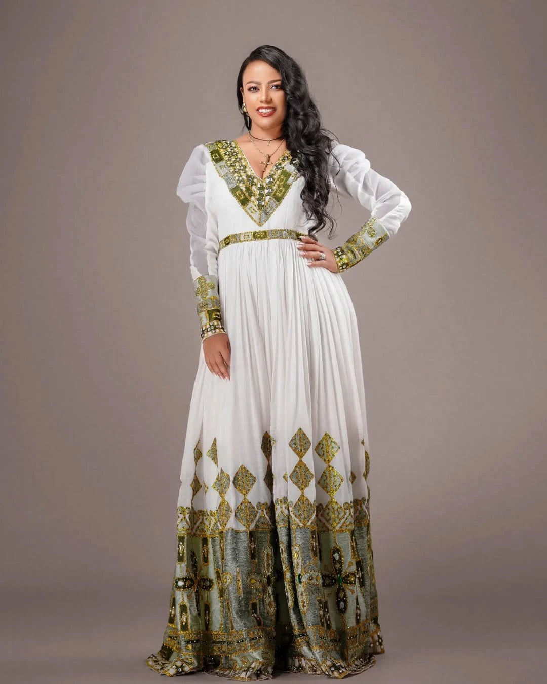 Flawless Green Habesha Couples Wedding Outfit with Golden Accents