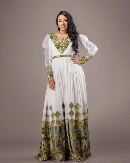Flawless Green Habesha Couples Wedding Outfit with Golden Accents