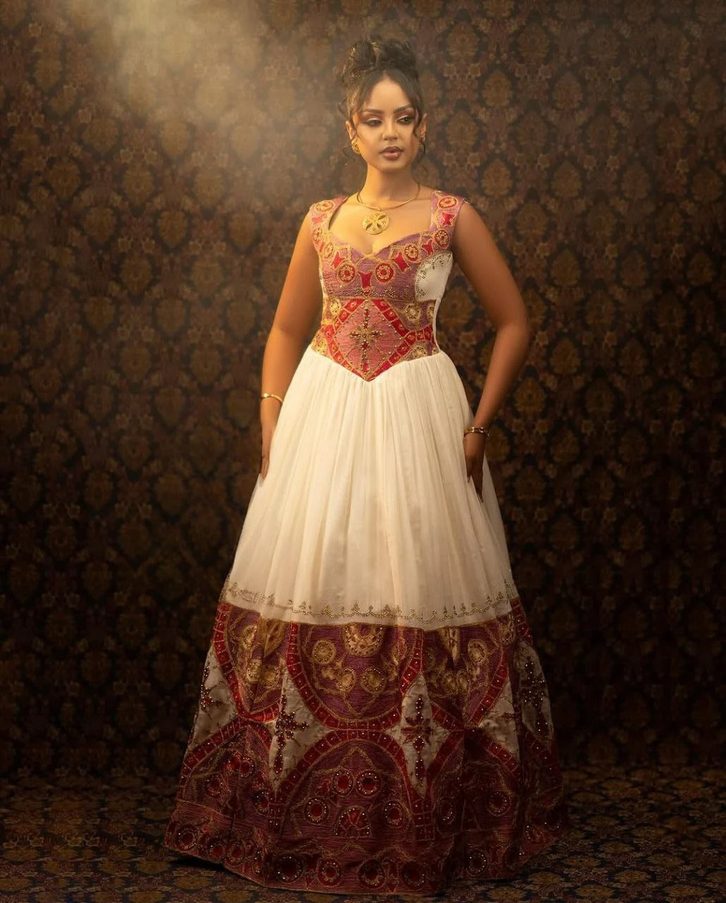 Glamorous Traditional Ethiopian Dress with Gold, Rich Red and Soft Pink Embroidery for Stunning Weddings