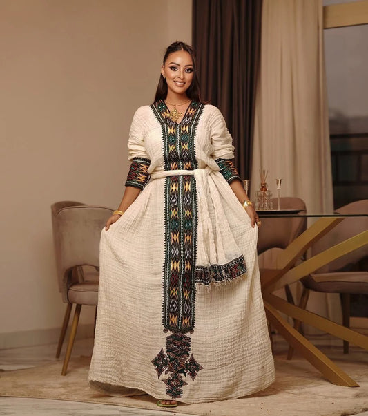 Elegant Ethiopian Dress with Colorful Handwoven Embroidery for Cultural Celebrations