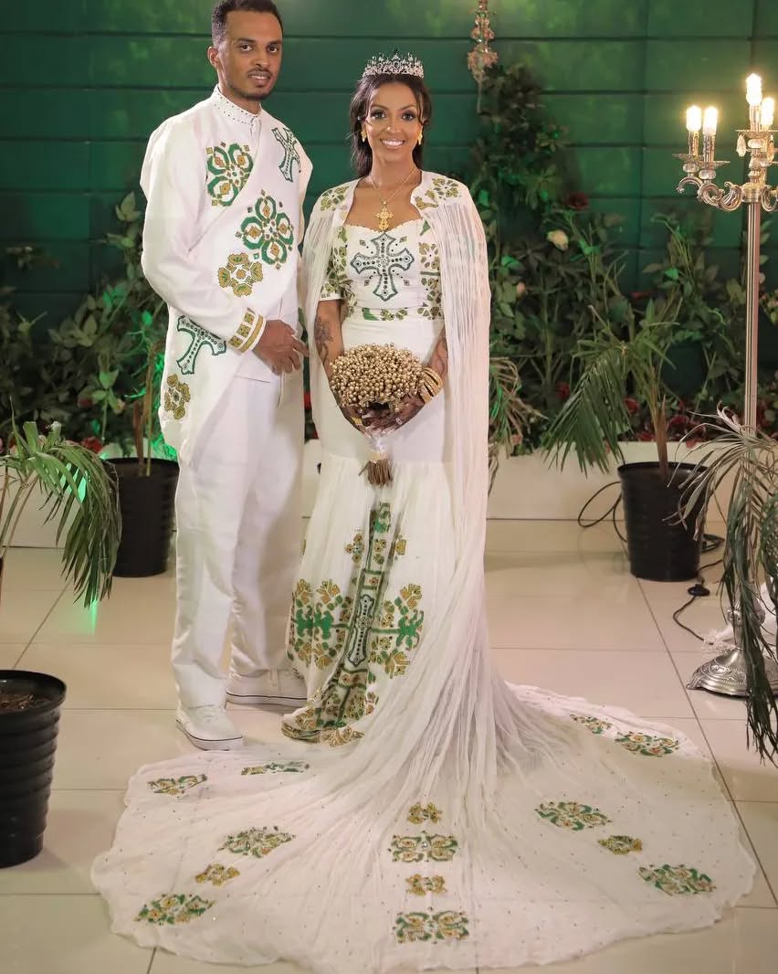 Majestic Green Patterned Traditional Ethiopian Couples Outfit