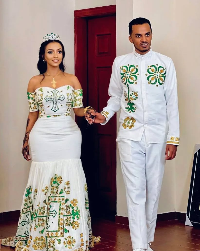 Majestic Green Patterned Traditional Ethiopian Couples Outfit: Stunning Habesha Couples Outfit