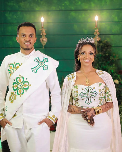 Majestic Green Patterned Traditional Ethiopian Couples Outfit: Stunning Habesha Couples Outfit