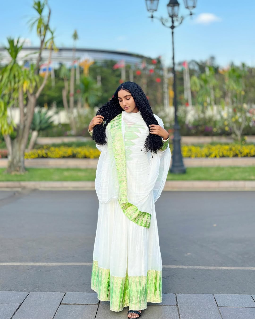 Stylish Habesha Kemis with Lime Green Accents – Eritrean Dress