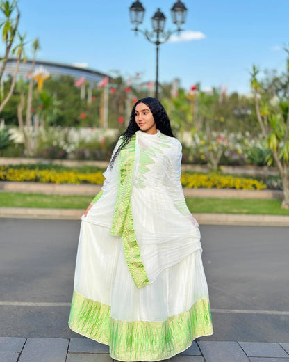 Stylish Habesha Kemis with Lime Green Accents – Eritrean Dress