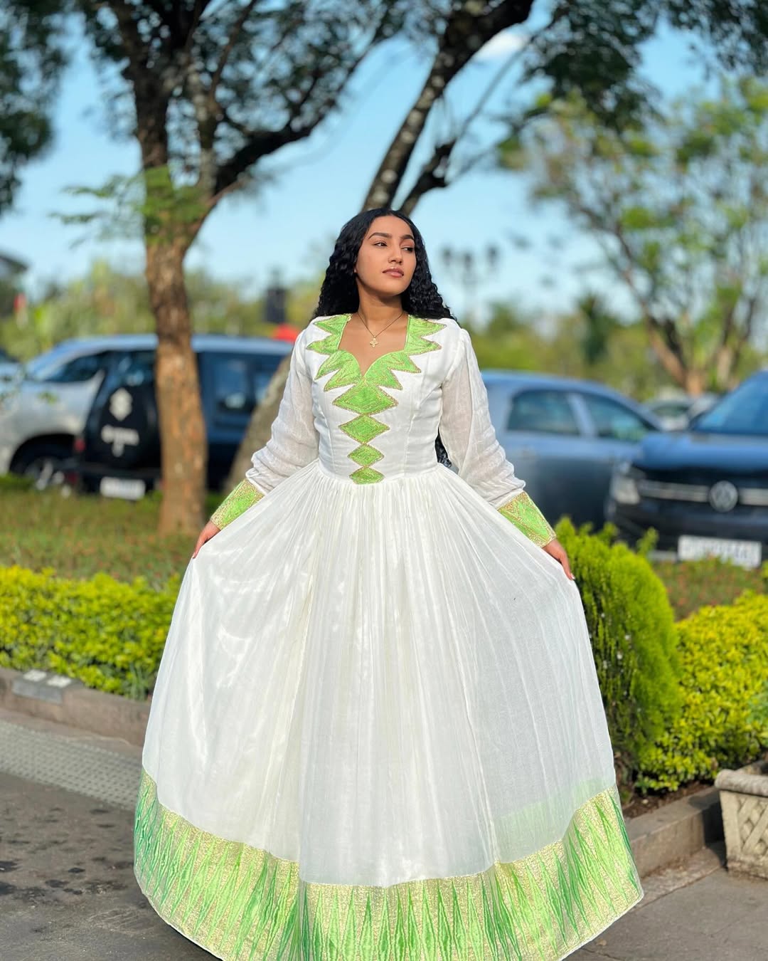 Stylish Habesha Kemis with Lime Green Accents – Eritrean Dress