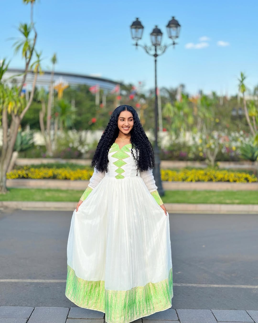 Stylish Habesha Kemis with Lime Green Accents – Eritrean Dress