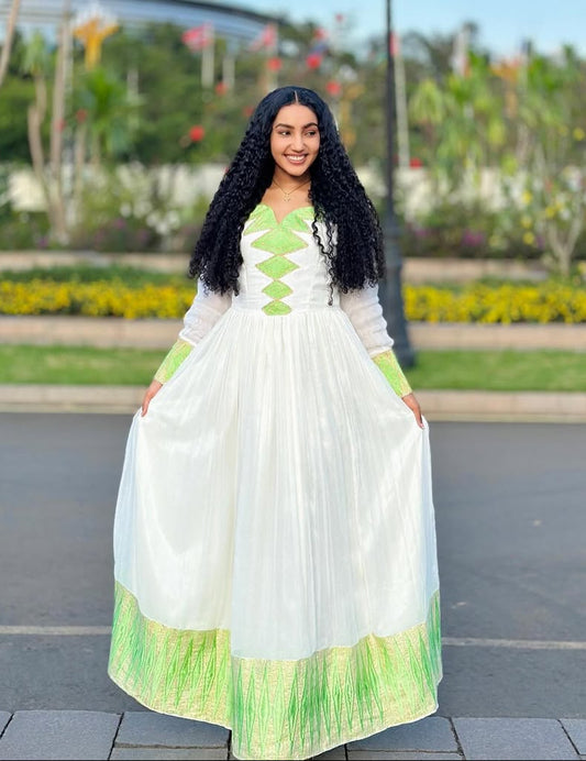 Stylish Habesha Kemis with Lime Green Accents – Eritrean Dress