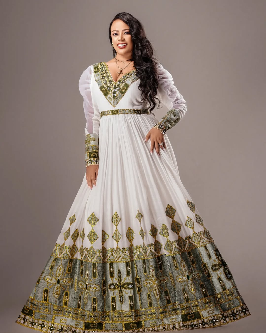 Classy Light Green Habesha Kemis with Golden Patterns 