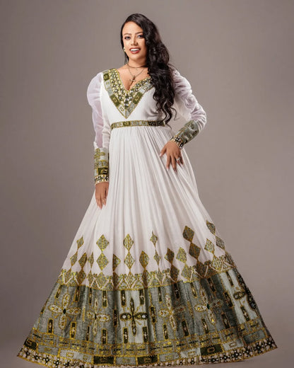 Classy Light Green Habesha Kemis with Golden Patterns 