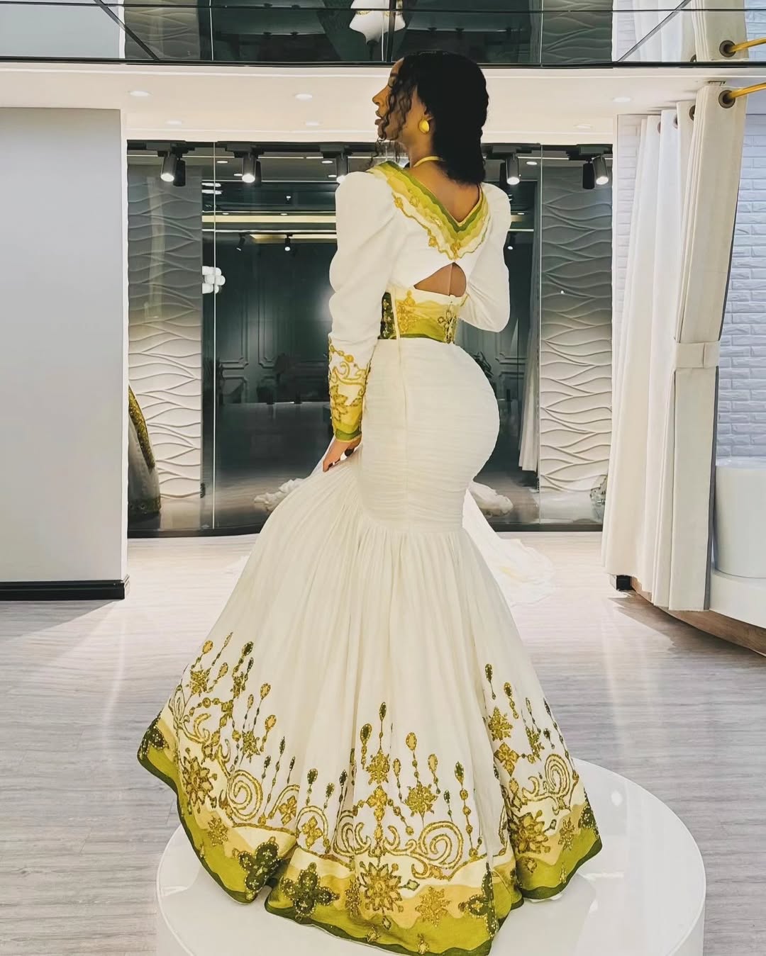 Regal Golden & Green Mermaid-styled Ethiopian Dress with Intricate Detailing