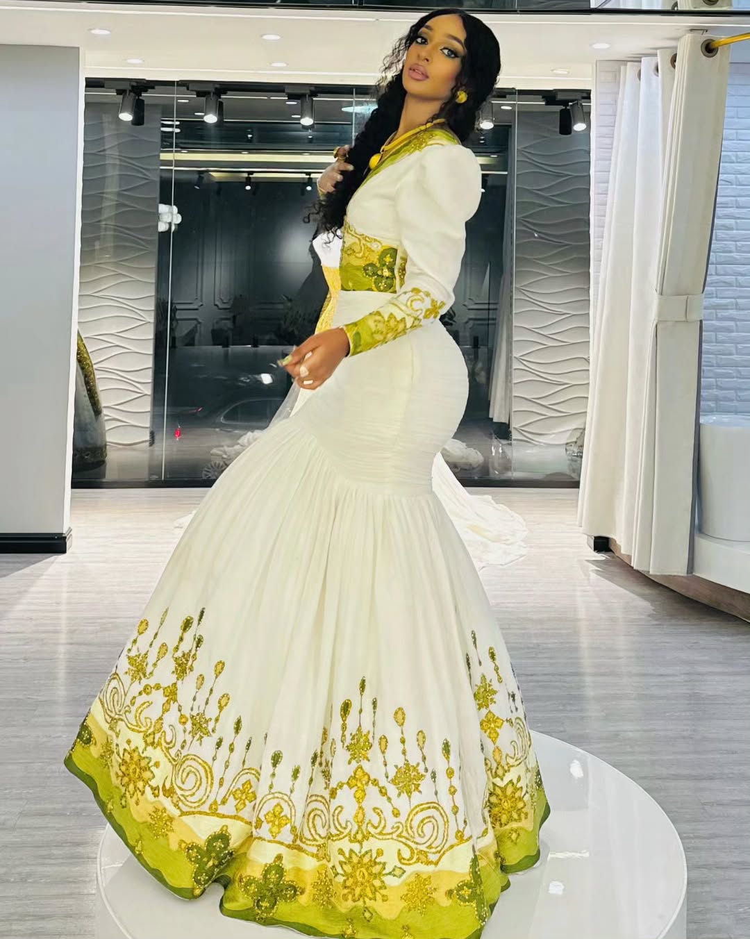 Regal Golden & Green Mermaid-styled Ethiopian Dress with Intricate Detailing