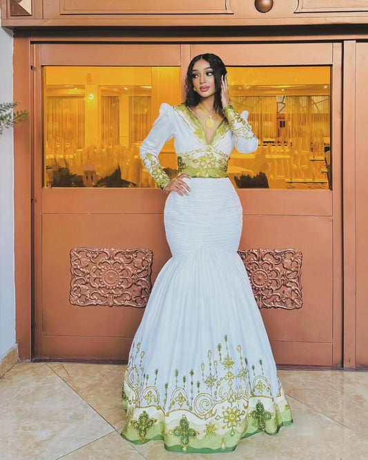 Regal Golden & Green Mermaid-styled Ethiopian Dress with Intricate Detailing 