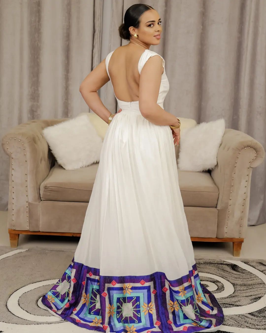 Ravishing Backless Habesha Dress: with Wide Hand-Embroidered Hemline Ethiopian Dress Chic Habesha Kemis
