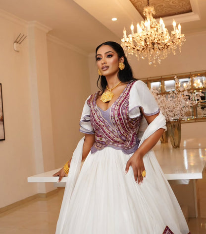 Elegant Ethiopian Bridal Habesha Kemis Detailed Embroidered Design