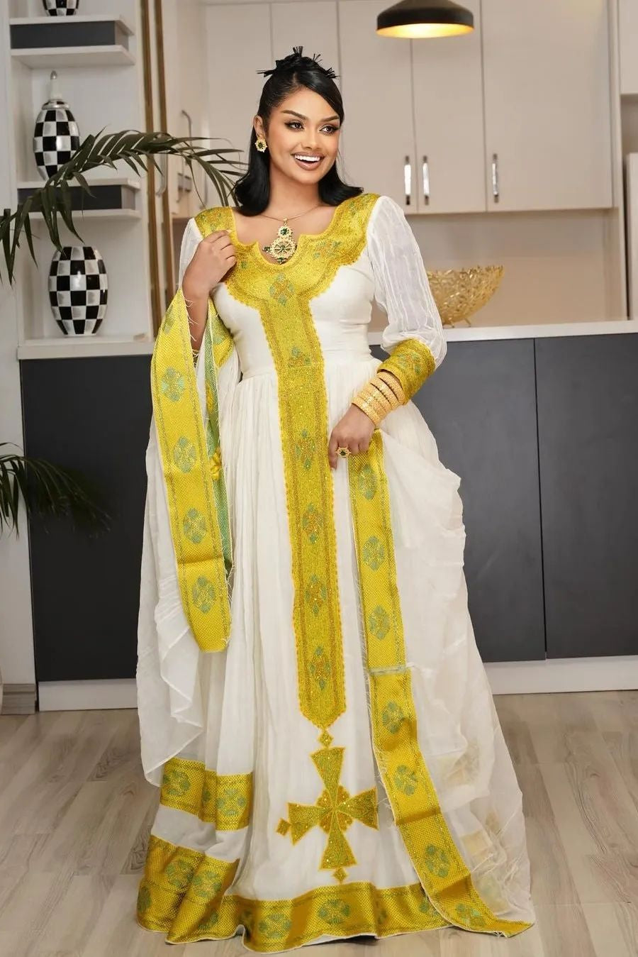 Elegant White Habesha Kemis - Ethiopian Dress with Green & Yellow Tilet main image 1
