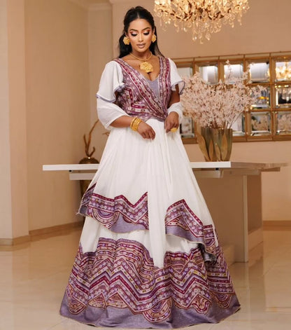 Elegant Ethiopian Bridal Habesha Kemis Detailed Embroidered Design