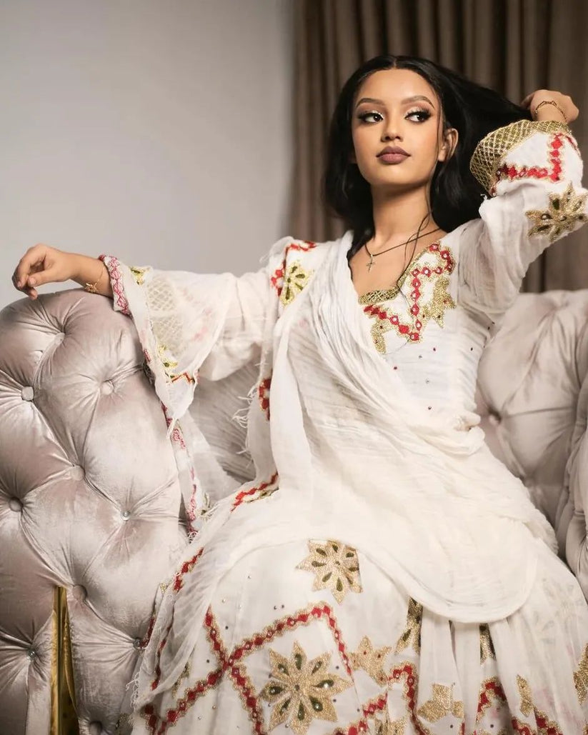 Sleeveless White Ethiopian Dress – Red, Gold & Black Embroidered Habesha Kemis main image 1