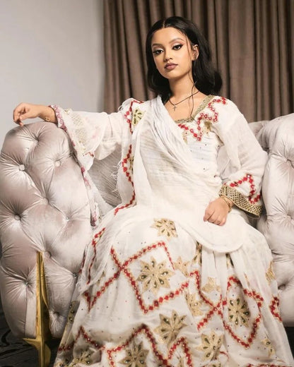 Precious Red with Golden Habesha Dress: Diamond Shaped Embroidery in Traditional Ethiopian Dress Elegant Habesha Kemis