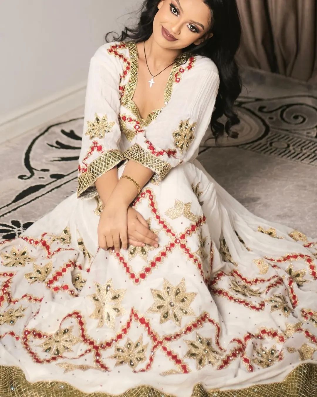 Precious Red with Golden Habesha Dress: Diamond Shaped Embroidery in Traditional Ethiopian Dress Elegant Habesha Kemis