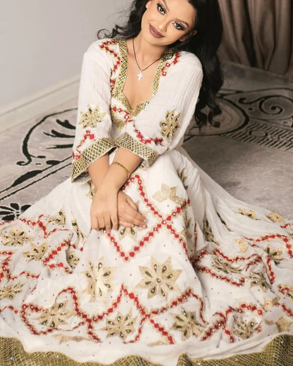 Precious Red with Golden Habesha Dress: Diamond Shaped Embroidery in Traditional Ethiopian Dress Elegant Habesha Kemis