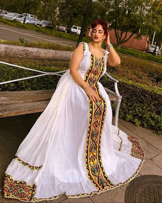 Sleeveless Habesha Dress with Admirable Traditional Embroidery: Ethiopian Dress for Cultural Celebrations