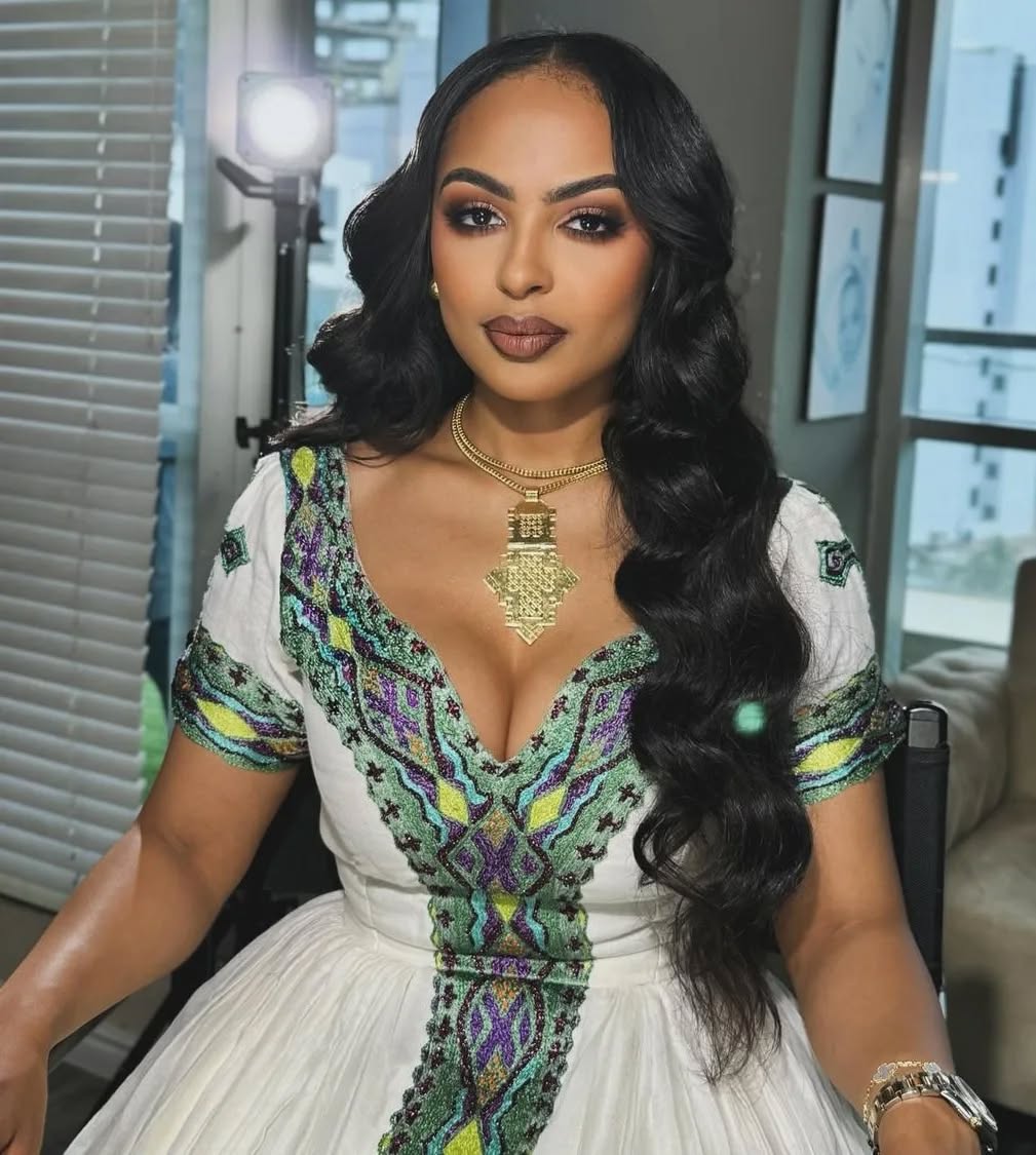 Olive Green Traditional Ethiopian Dress Closeup