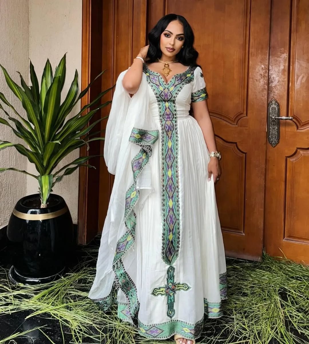 Olive Green Traditional Ethiopian Dress