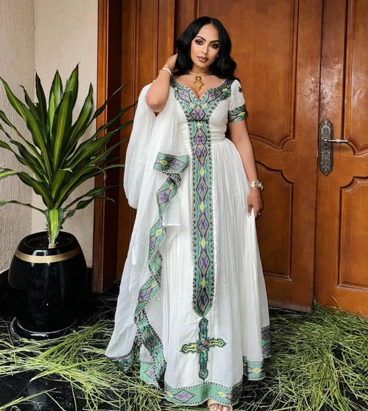 Olive Green Traditional Ethiopian Dress