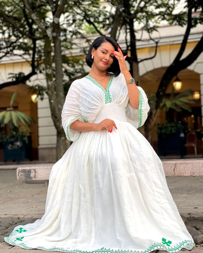 Green Detailing Beautiful Traditional Ethiopian Dress: Designed for Any Celebration Habesha Dress