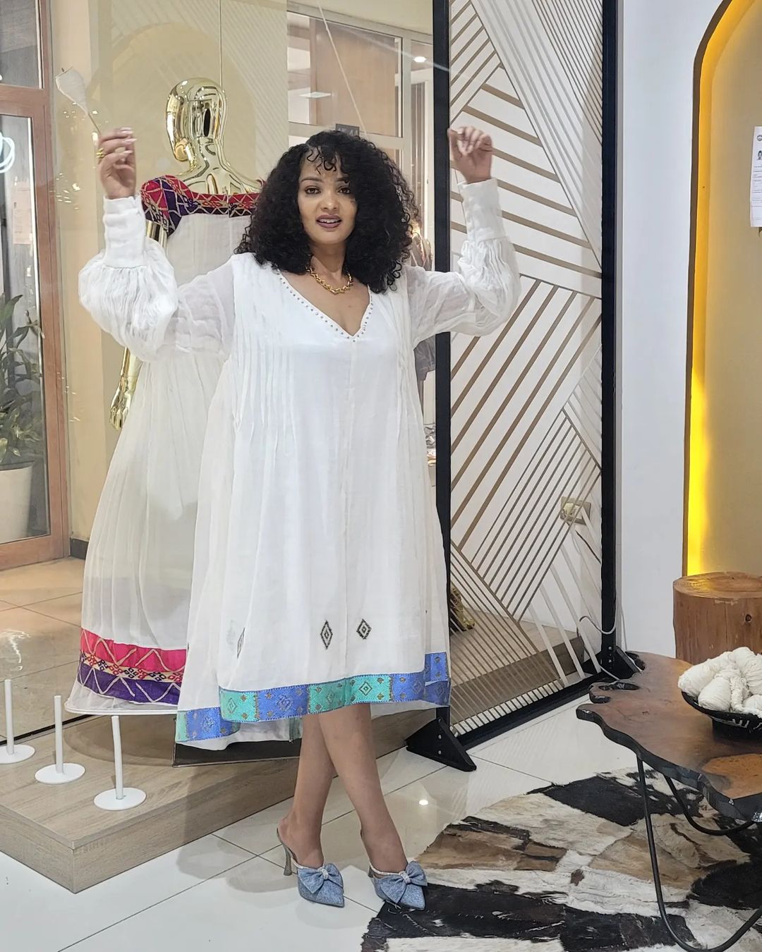 Timeless White Traditional Ethiopian Dress with Bright Accents