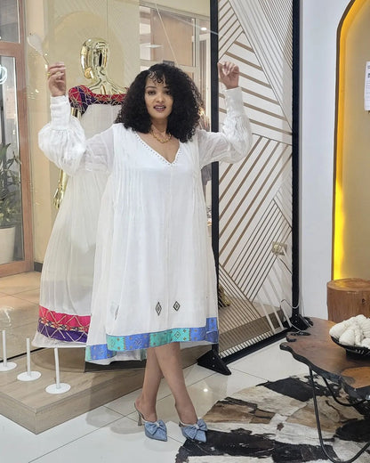 Timeless White Traditional Ethiopian Dress with Bright Accents