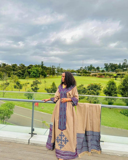 Exquisite Beige with Violet Habesha Dress: Cultural Design on Traditional Ethiopian Dress Simple Habesha Kemis