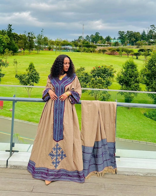 Exquisite Beige with Violet Habesha Dress
