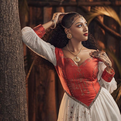 Regal Red Modern Habesha Dress: Corset Designed with Golden Detailing Ethiopian Traditional Dress Beautiful Habesha Kemis