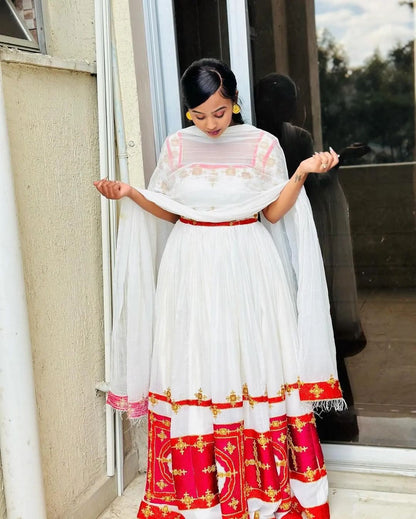 Elegant Red Habesha Dress: with Spectacular Cultural Design Ethiopian Traditional Dress Beautiful Eritrean Clothing