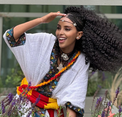 Vibrant White Habesha Kemis with Multi-Color Patterns – Ethiopian Ashenda Dress