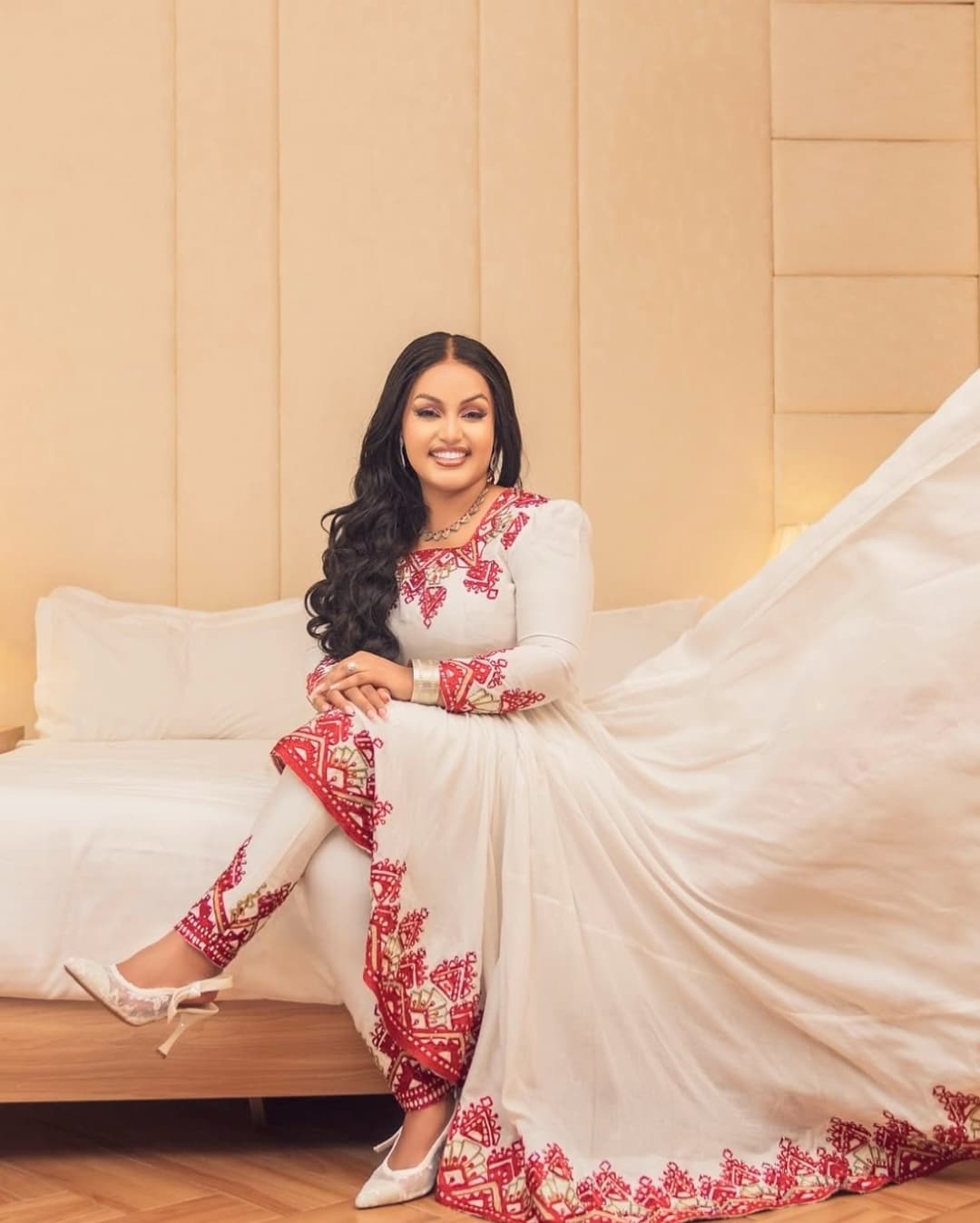 Perfect Blend of Culture and Modernity on Red Habesha Dress: Asymmetric Traditional Ethiopian Dress and Matching Trousers Perfect for Big Events Habesha Kemis