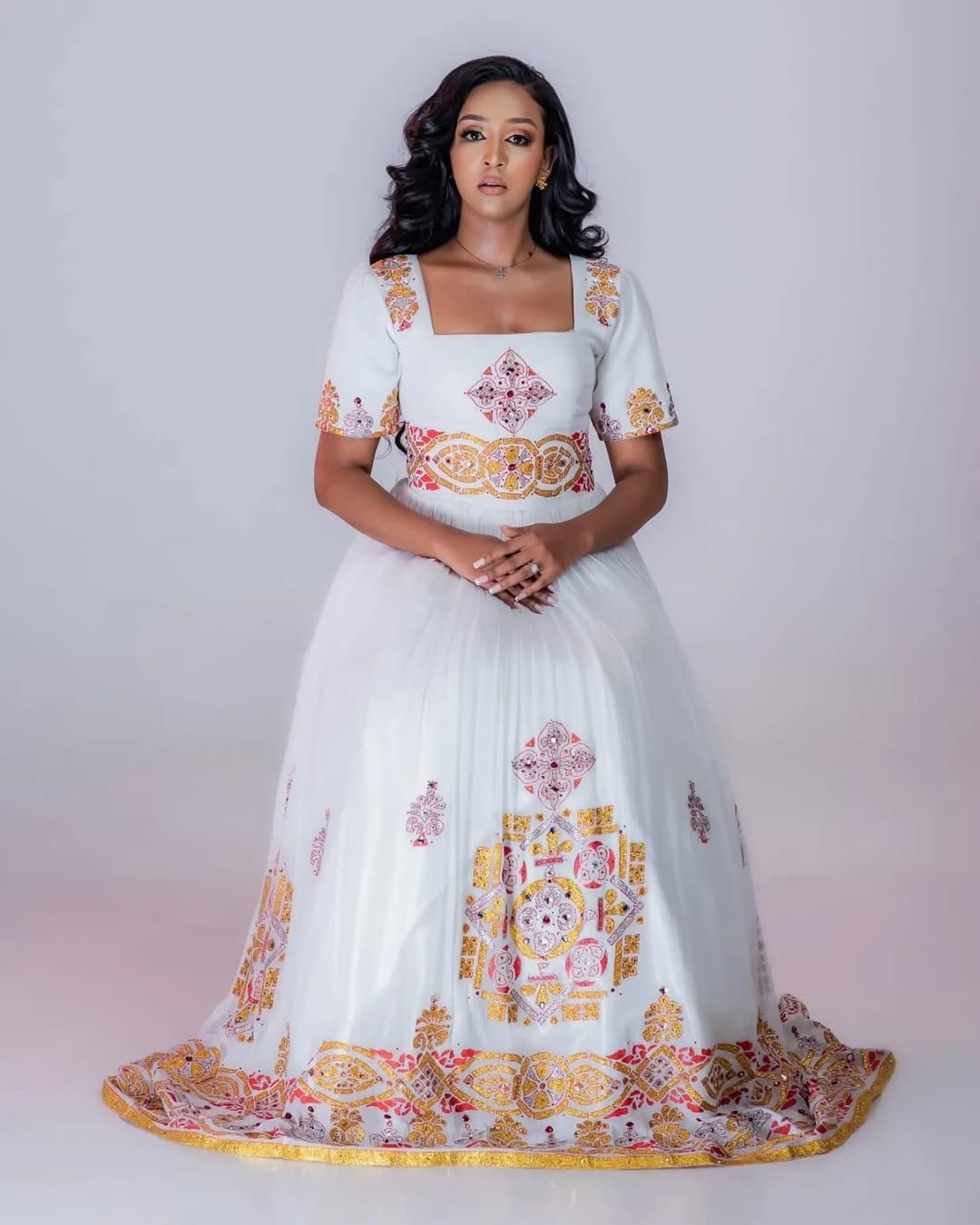 Glorious Golden Habesha Dress: with Colorful Multicolored Embellishments Traditional Ethiopian Dress Beautiful Eritrean Clothing